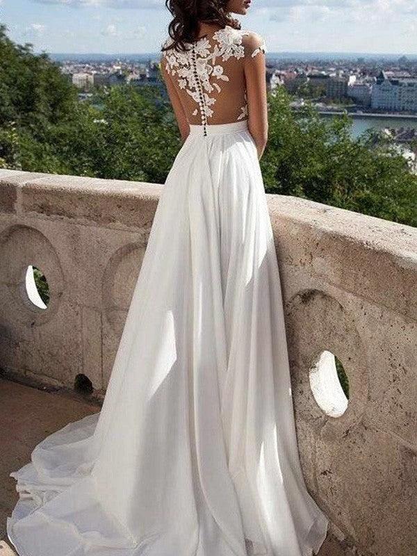 A-Line/Elegant Short Sleeves Scoop Applique Chiffon Prom Dresses by misshow.com