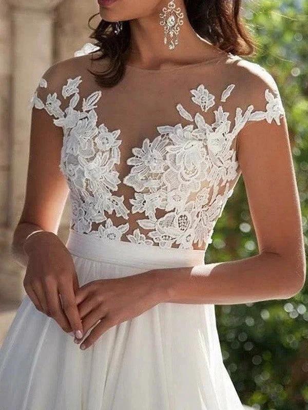 A-Line/Elegant Short Sleeves Scoop Applique Chiffon Prom Dresses by misshow.com