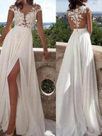 A-Line/Elegant Short Sleeves Scoop Applique Chiffon Prom Dresses by misshow.com