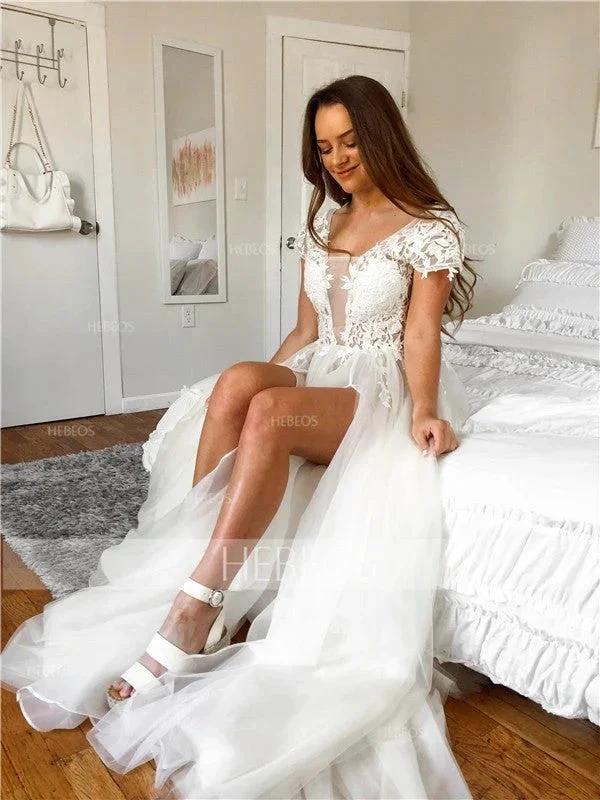 A-Line/Elegant Short Sleeves V-neck Applique Tulle Prom Dresses by misshow.com