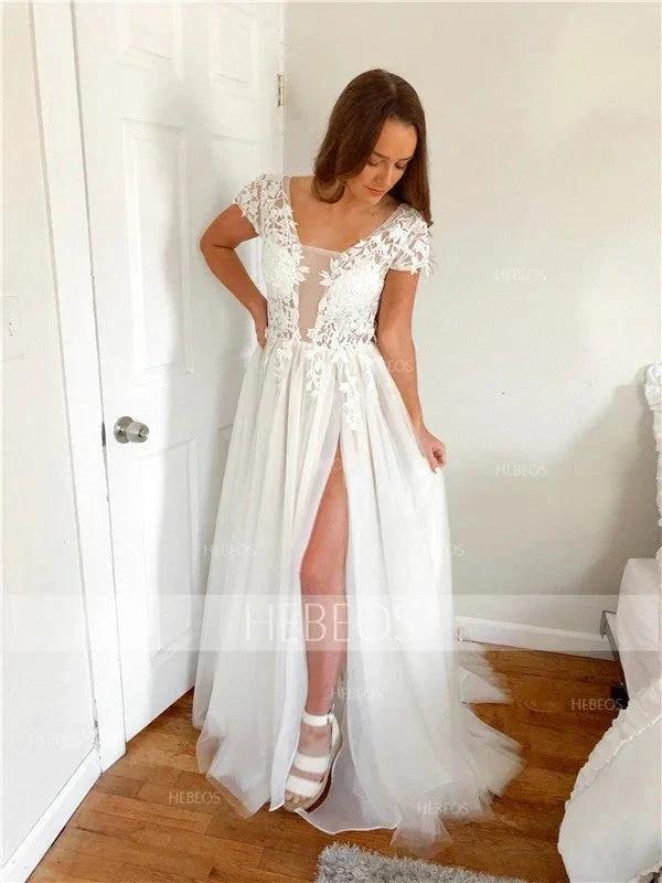 A-Line/Elegant Short Sleeves V-neck Applique Tulle Prom Dresses by misshow.com