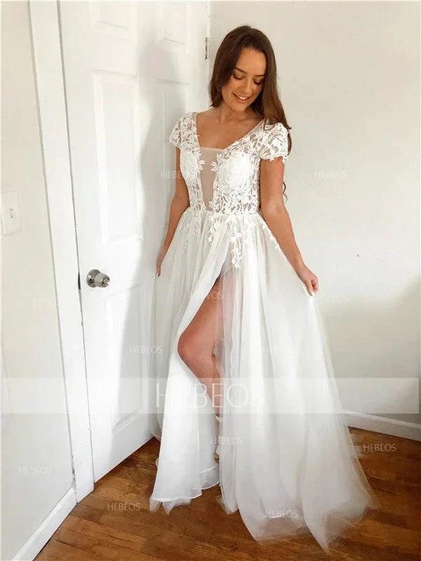 A-Line/Elegant Short Sleeves V-neck Applique Tulle Prom Dresses by misshow.com