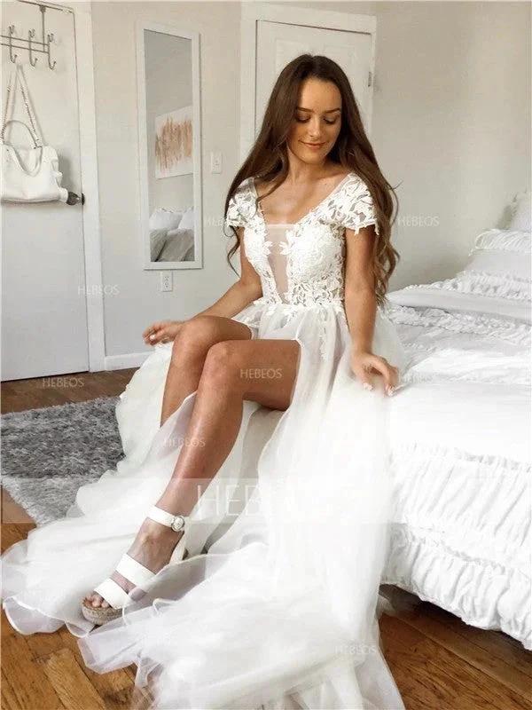 A-Line/Elegant Short Sleeves V-neck Applique Tulle Prom Dresses by misshow.com