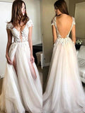 A-Line/Elegant Short Sleeves V-neck Applique Tulle Prom Dresses by misshow.com