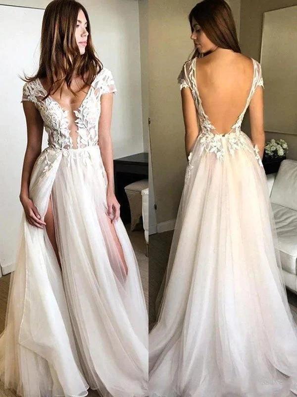 A-Line/Elegant Short Sleeves V-neck Applique Tulle Prom Dresses by misshow.com