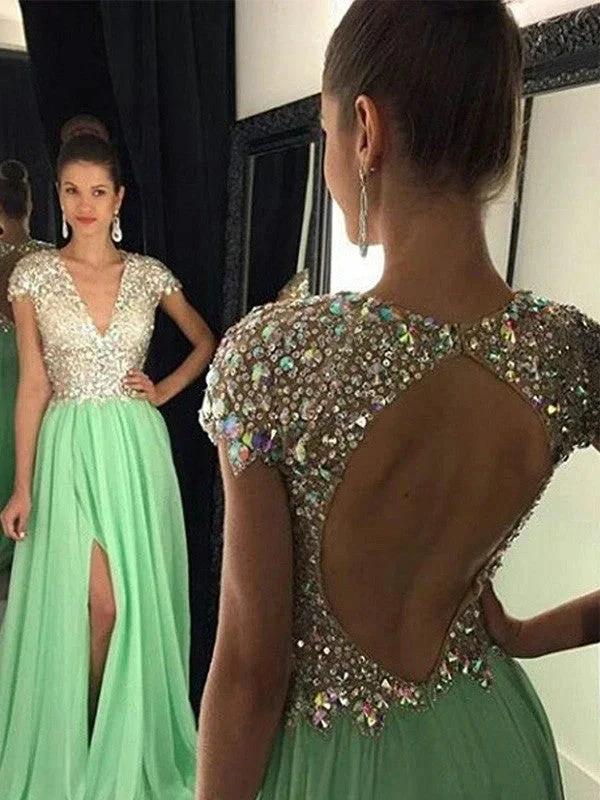 A-Line/Elegant Short Sleeves V-neck Chiffon Sequin Floor-Length Prom Dresses by misshow.com