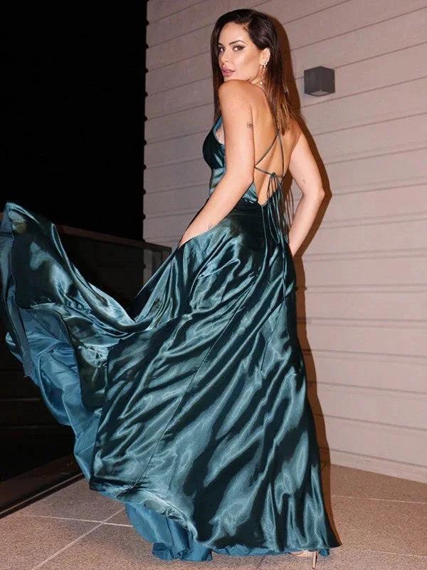 A-Line/Elegant Silk like Satin V-neck Ruffles Sleeveless Floor-Length Prom Dresses by misshow.com