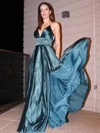A-Line/Elegant Silk like Satin V-neck Ruffles Sleeveless Floor-Length Prom Dresses by misshow.com