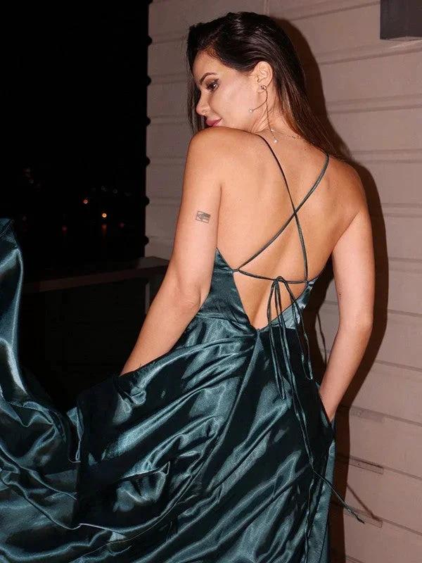 A-Line/Elegant Silk like Satin V-neck Ruffles Sleeveless Floor-Length Prom Dresses by misshow.com