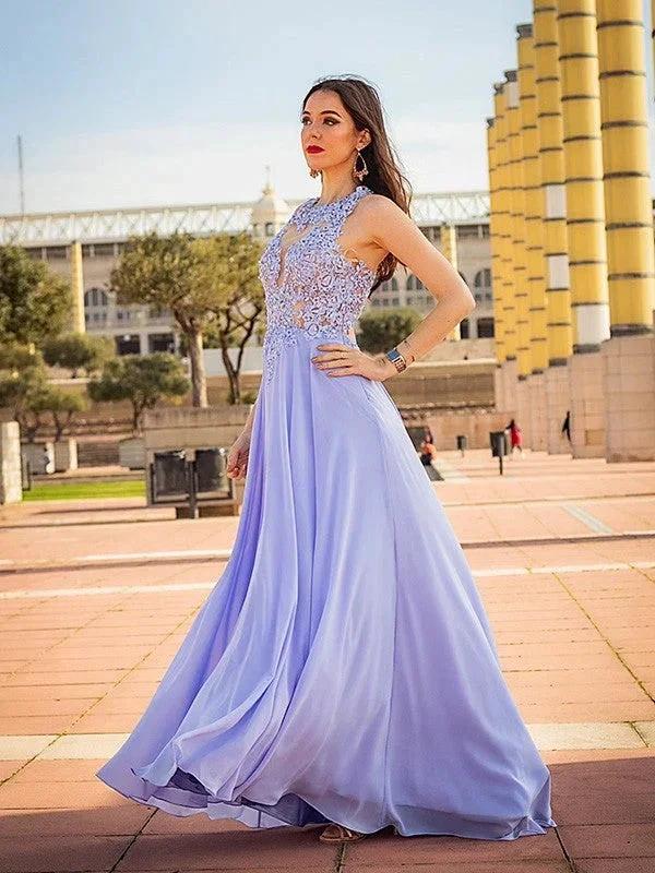 A-Line/Elegant Sleeveless Applique Chiffon Scoop Prom Dresses by misshow.com