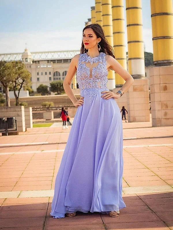 A-Line/Elegant Sleeveless Applique Chiffon Scoop Prom Dresses by misshow.com