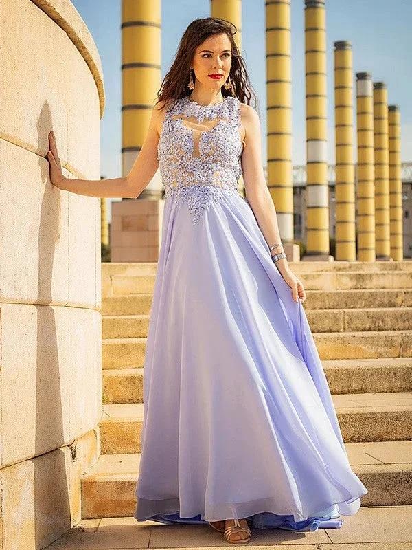 A-Line/Elegant Sleeveless Applique Chiffon Scoop Prom Dresses by misshow.com