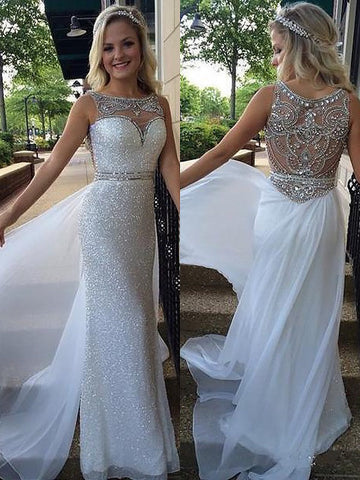 A-Linie/Elegant Ärmellos Bateau-Ausschnitt Perlen verziert Chiffon Abiballkleider