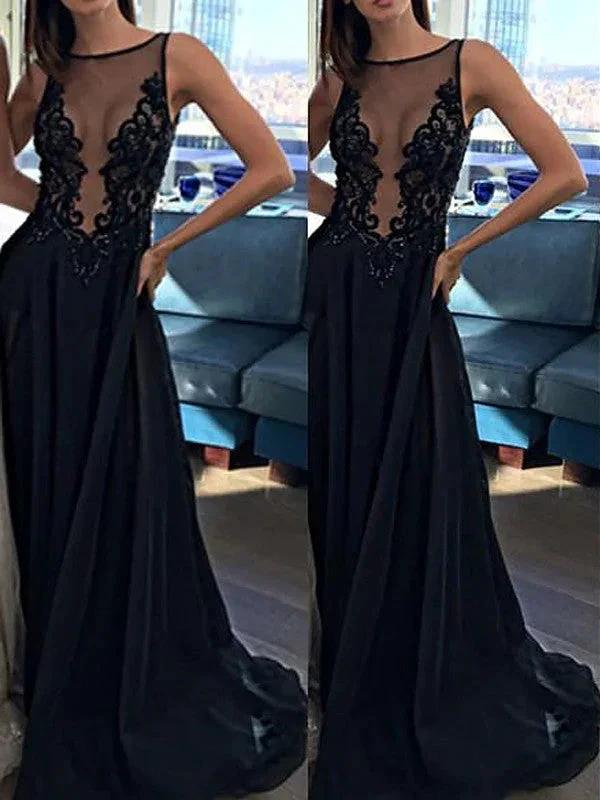 A-Line/Elegant Sleeveless Bateau Chiffon Applique Prom Dresses by misshow.com