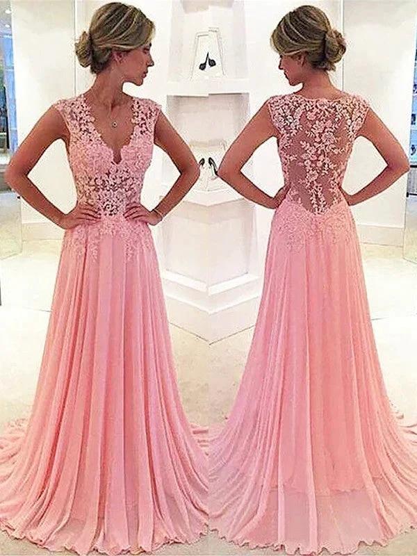 A-Line/Elegant Sleeveless Chiffon Lace V-neck Prom Dresses by misshow.com