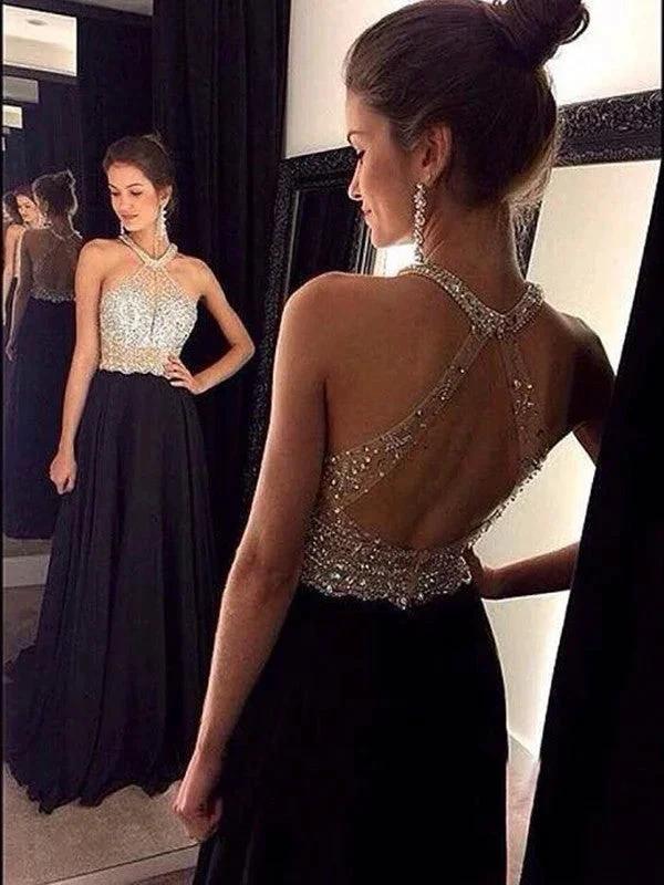 A-Line/Elegant Sleeveless Halter Beading Chiffon Prom Dresses by misshow.com