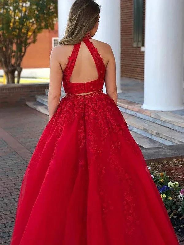 A-Line/Elegant Sleeveless Halter Beading Tulle Floor-Length Two Piece Prom Dresses by misshow.com