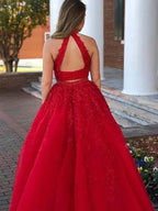 A-Line/Elegant Sleeveless Halter Beading Tulle Floor-Length Two Piece Prom Dresses by misshow.com