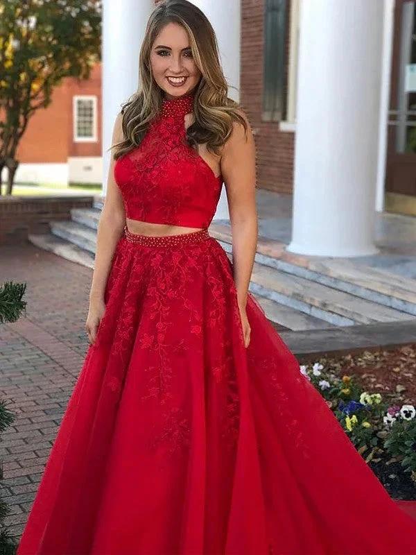 A-Line/Elegant Sleeveless Halter Beading Tulle Floor-Length Two Piece Prom Dresses by misshow.com