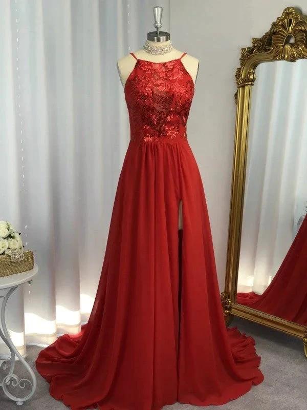 A-Line/Elegant Sleeveless Halter Chiffon Applique Prom Dresses by misshow.com