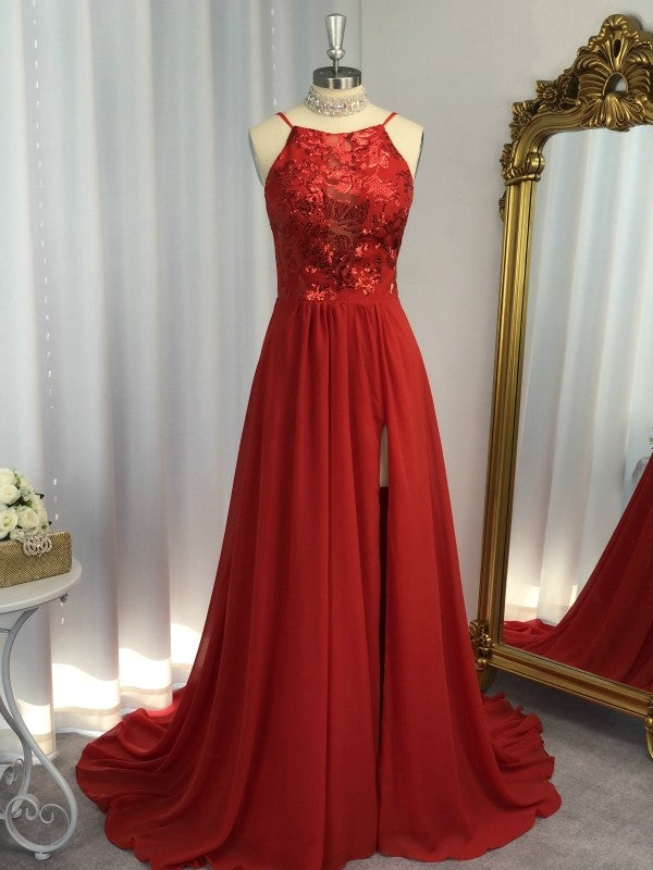 A-Line/Elegant Sleeveless Halter Chiffon Applique Prom Dresses Hover Image