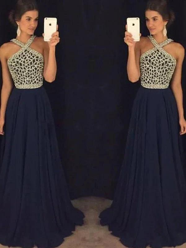 A-Line/Elegant Sleeveless Halter Chiffon Beading Floor-Length Prom Dresses by misshow.com