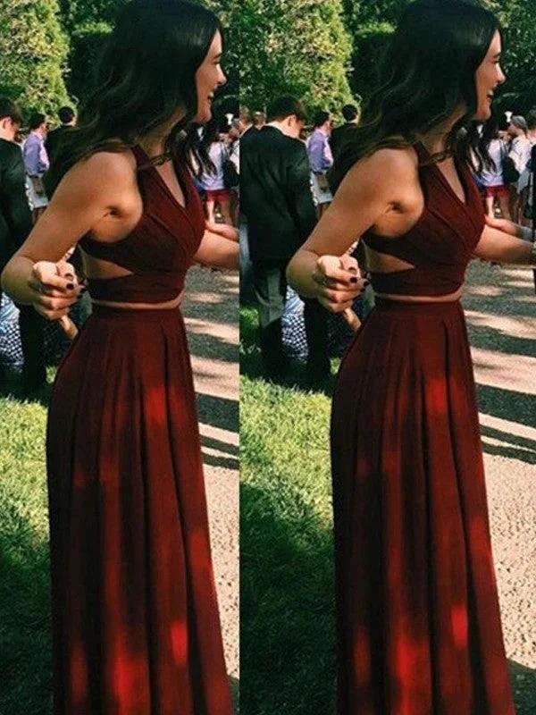 A-Line/Elegant Sleeveless Halter Chiffon Floor-Length Two Piece Prom Dresses by misshow.com