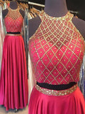 A-Line/Elegant Sleeveless Halter Elastic Woven Satin Beading Floor-Length Two Piece Prom Dresses by misshow.com