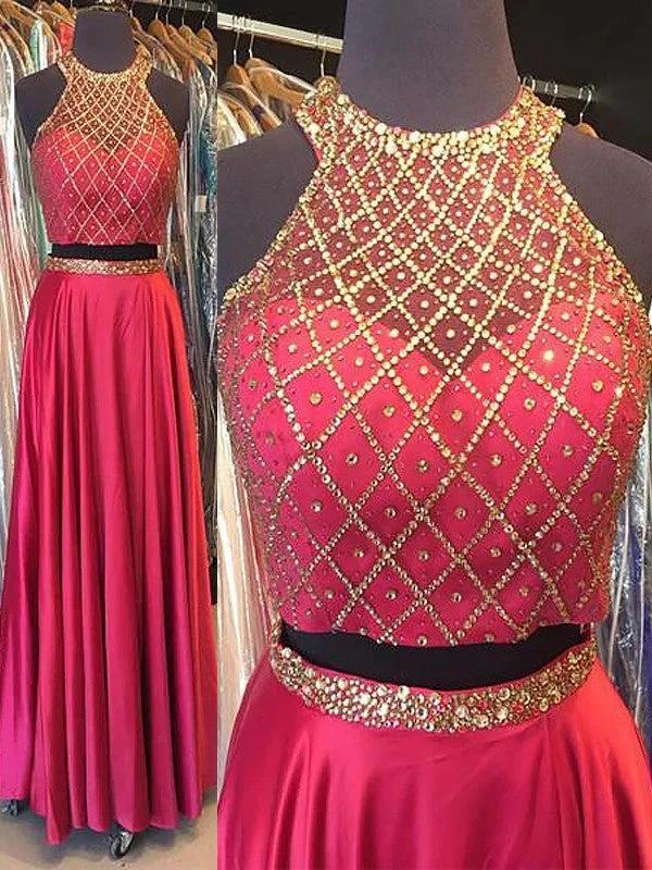 A-Line/Elegant Sleeveless Halter Elastic Woven Satin Beading Floor-Length Two Piece Prom Dresses by misshow.com