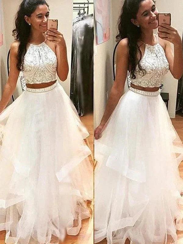 A-Line/Elegant Sleeveless Halter Floor-Length Beading Tulle Prom Dresses by misshow.com