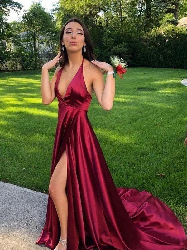 A-Line/Elegant Sleeveless Halter Ruffles Silk like Satin Prom Dresses by misshow.com