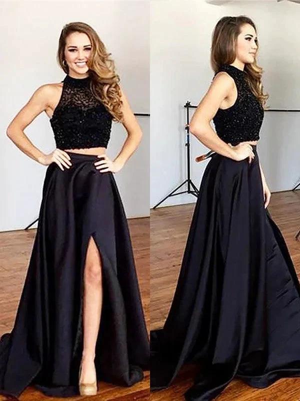 A-Line/Elegant Sleeveless Halter Satin Beading Two Piece Prom Dresses by misshow.com