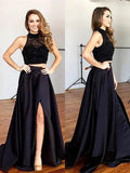A-Line/Elegant Sleeveless Halter Satin Beading Two Piece Prom Dresses by misshow.com