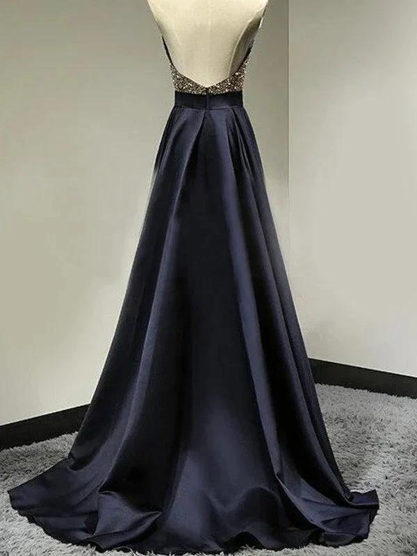 A-Line/Elegant Sleeveless Halter Satin Floor-Length Beading Prom Dresses by misshow.com