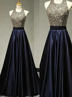 A-Line/Elegant Sleeveless Halter Satin Floor-Length Beading Prom Dresses by misshow.com