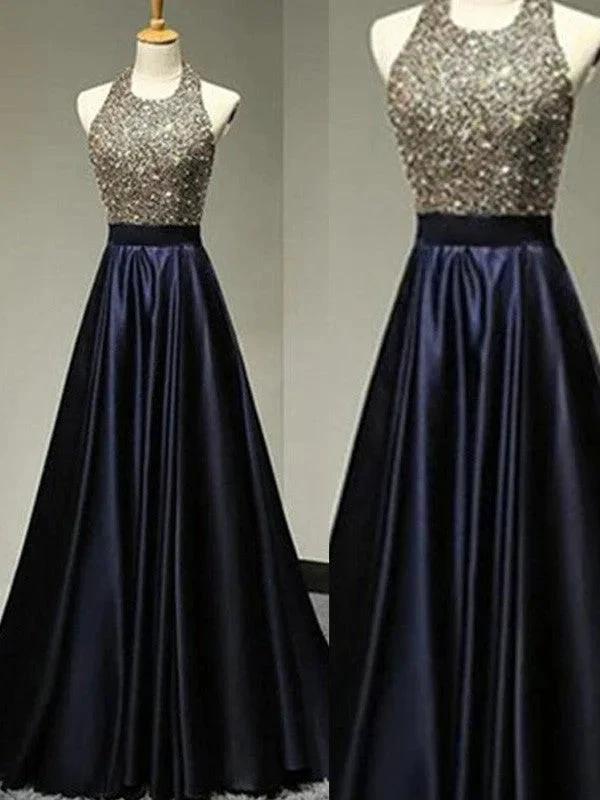 A-Line/Elegant Sleeveless Halter Satin Floor-Length Beading Prom Dresses by misshow.com