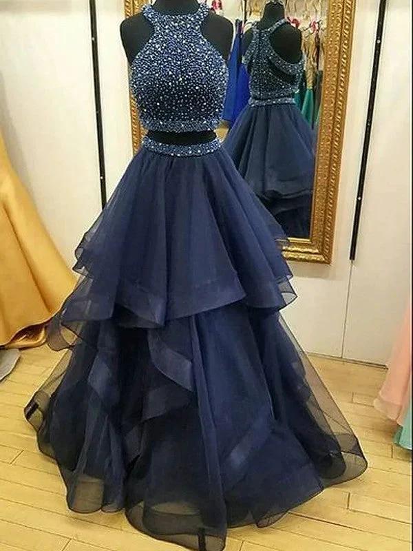 A-Line/Elegant Sleeveless Halter Tulle Beading Floor-Length Two Piece Prom Dresses by misshow.com