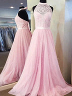 A-Line/Elegant Sleeveless Halter Tulle Lace Prom Dresses by misshow.com