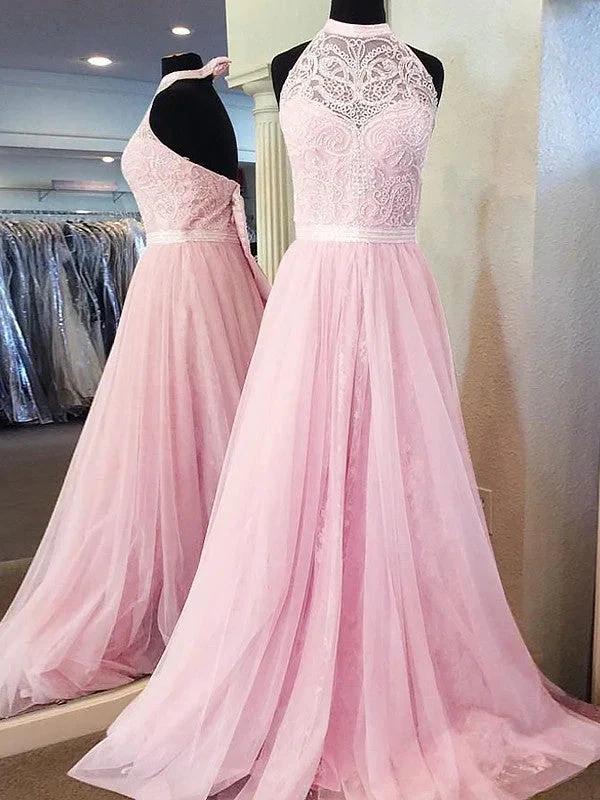 A-Line/Elegant Sleeveless Halter Tulle Lace Prom Dresses by misshow.com