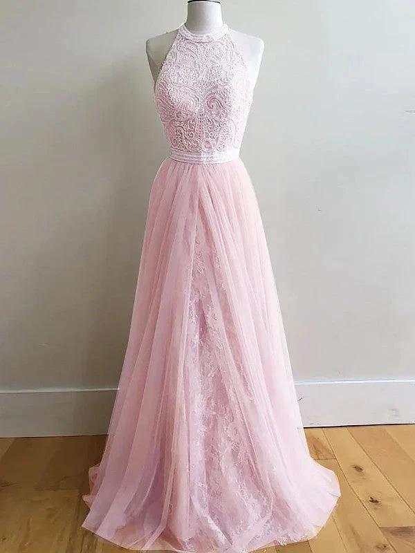 A-Line/Elegant Sleeveless Halter Tulle Lace Prom Dresses by misshow.com