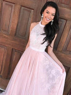 A-Line/Elegant Sleeveless Halter Tulle Lace Prom Dresses by misshow.com