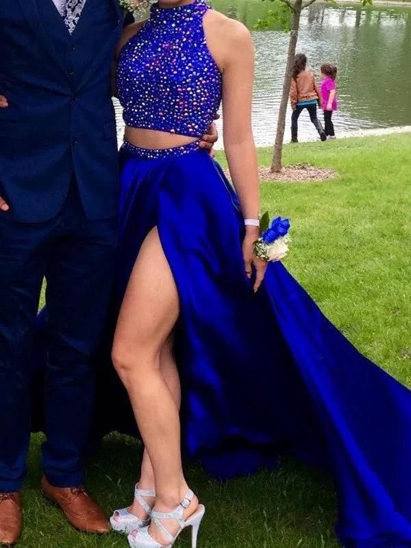A-Line/Elegant Sleeveless High Neck Elastic Woven Satin Beading Two Piece Prom Dresses by misshow.com