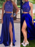 A-Line/Elegant Sleeveless High Neck Elastic Woven Satin Beading Two Piece Prom Dresses by misshow.com