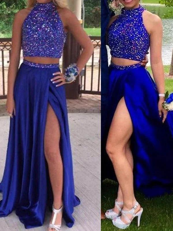 A-Line/Elegant Sleeveless High Neck Elastic Woven Satin Beading Two Piece Prom Dresses by misshow.com