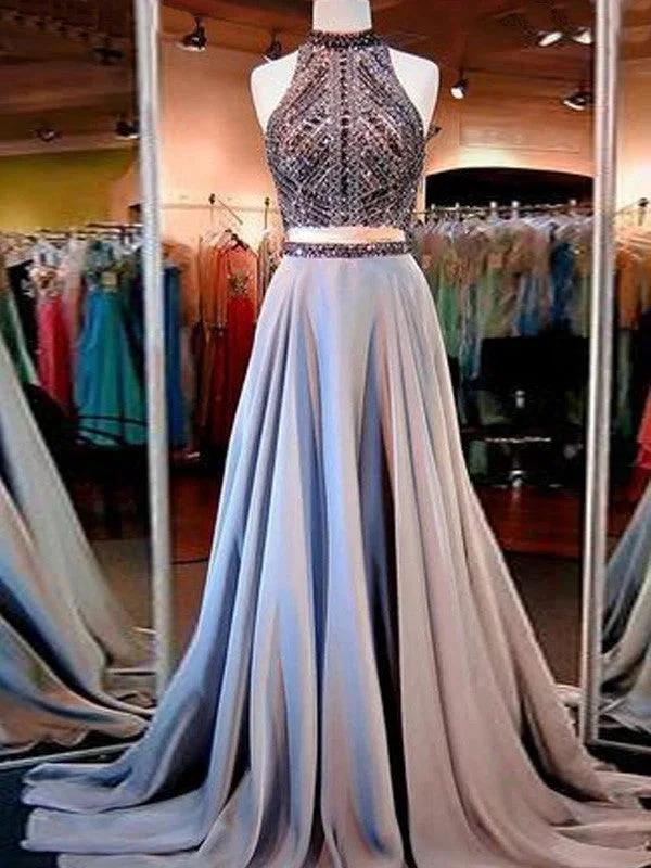 A-Line/Elegant Sleeveless High Neck Satin Beading Two Piece Prom Dresses by misshow.com