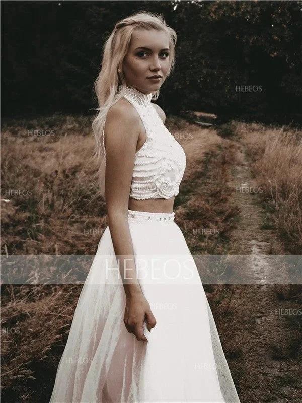 A-Line/Elegant Sleeveless High Neck Tulle Beading Floor-Length Prom Dresses by misshow.com