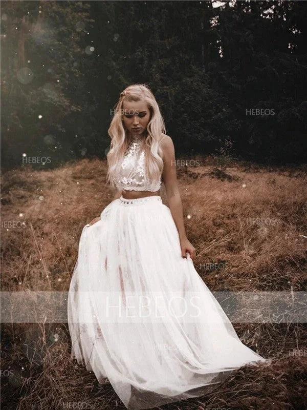 A-Line/Elegant Sleeveless High Neck Tulle Beading Floor-Length Prom Dresses by misshow.com