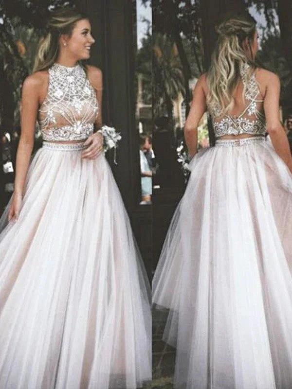 A-Line/Elegant Sleeveless High Neck Tulle Beading Floor-Length Prom Dresses by misshow.com