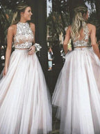 A-Line/Elegant Sleeveless High Neck Tulle Beading Floor-Length Prom Dresses by misshow.com