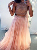 A-Line/Elegant Sleeveless High Neck Tulle Beading Two Piece Prom Dresses by misshow.com